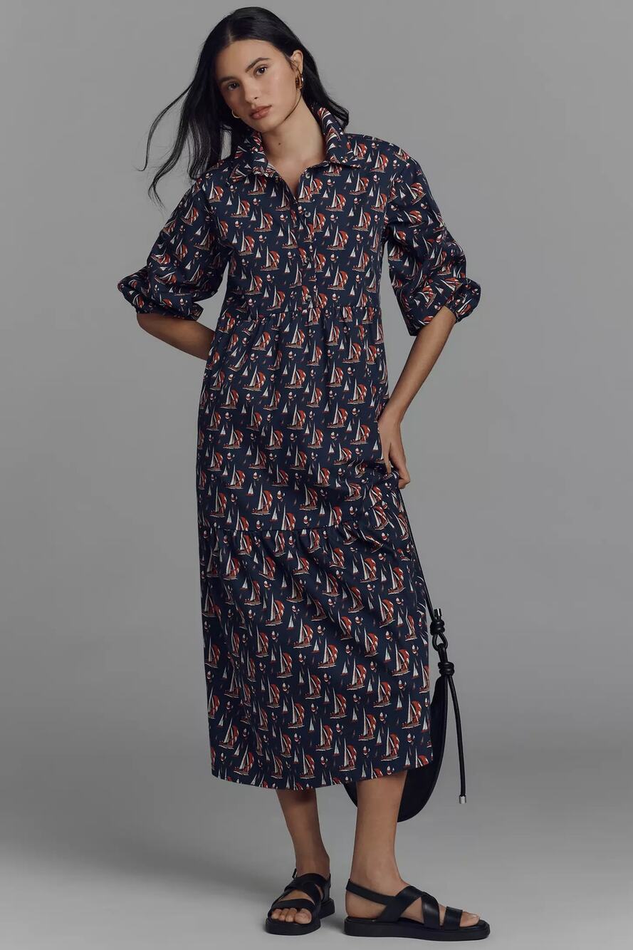nwt ANTHROPOLOGIE MAEVE sz L The Bettina shirt dress in navy sailboats